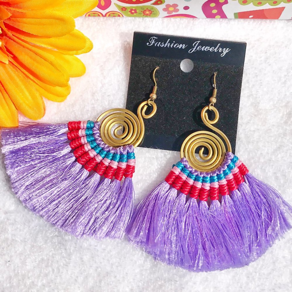Boho Earrings Fan Tassel Hoop Drop Dangles Violet